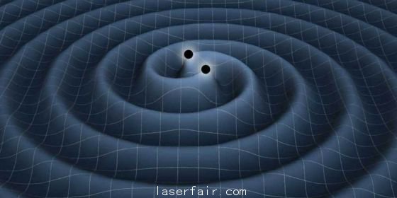 示意图：两个互相绕转的黑洞释放的引力波